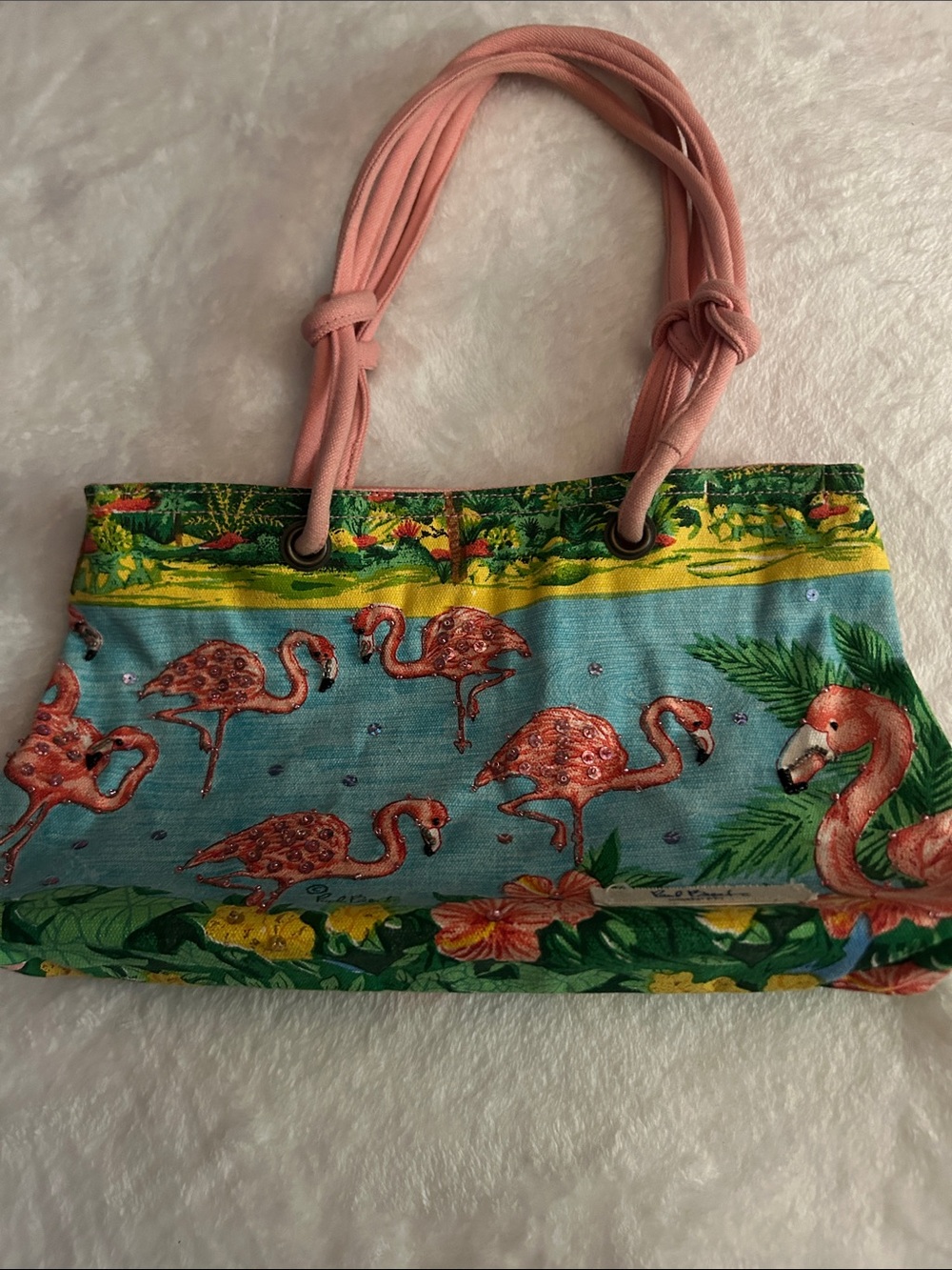 Tropical Flamingo Canvas Tote with Pink Rope Handles